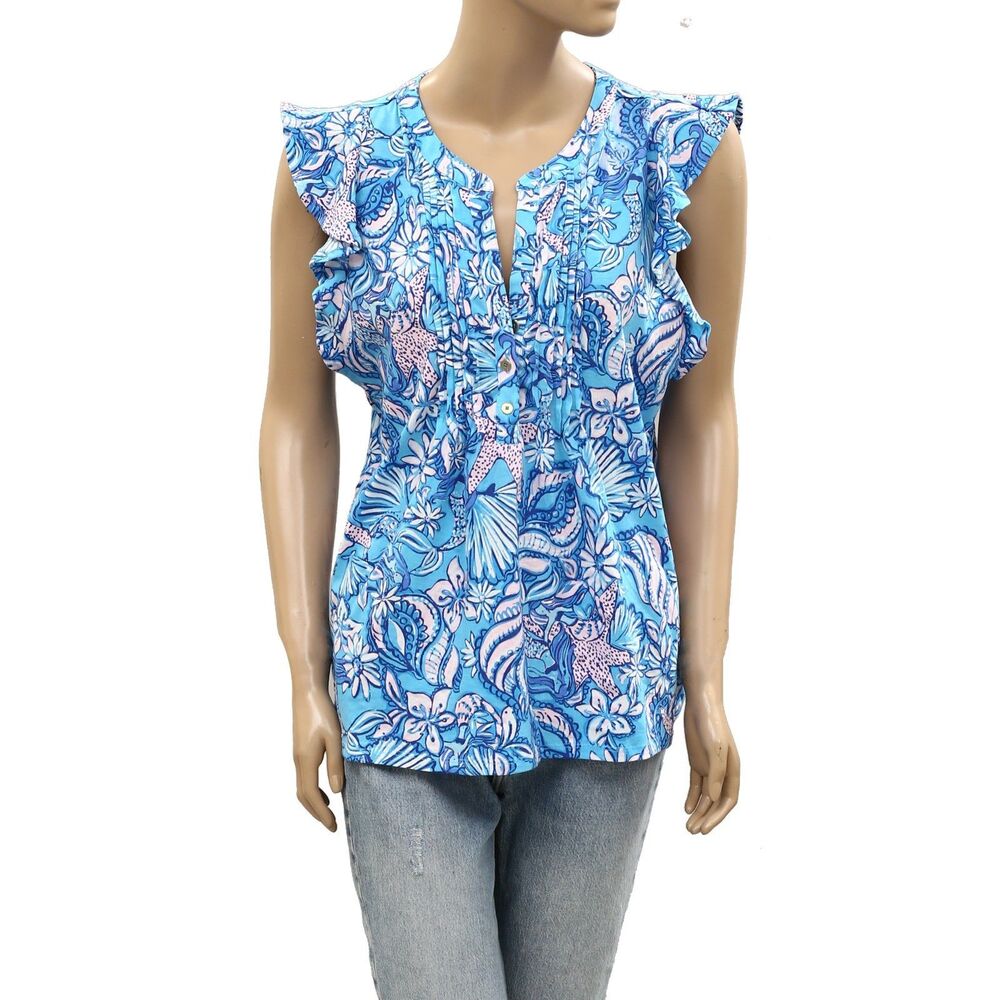 Lilly Pulitzer Golda Blouse Top Amalfi Sound The Sirens Cotton Printed L 288169